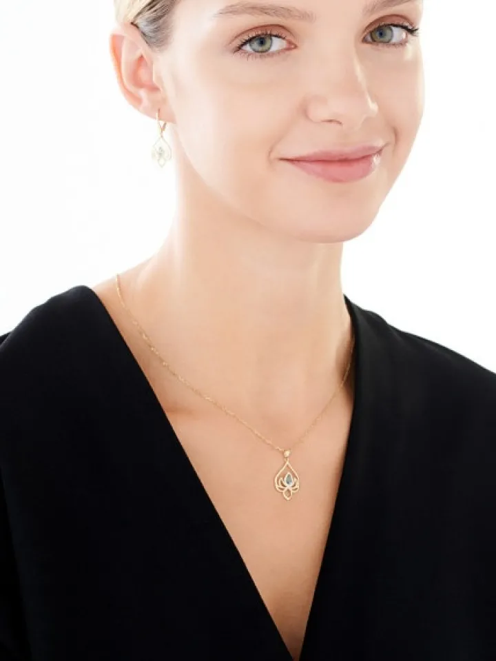 Kolczyki z żółtego złota z diamentami i topazami London Blue - kwiaty lotosu - próba 585