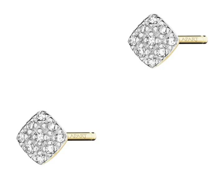 Kolczyki z żółtego złota z diamentami - kwadraty - 0,05 ct - próba 375