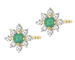 Kolczyki z żółtego złota z diamentami i szmaragdami - kwiaty - próba 585