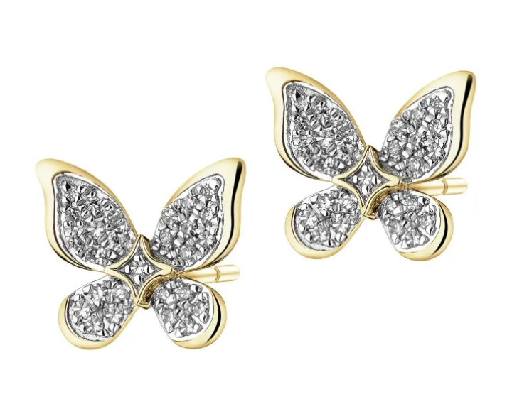 Kolczyki z żółtego złota z diamentami - motyle - 0,13 ct - próba 585