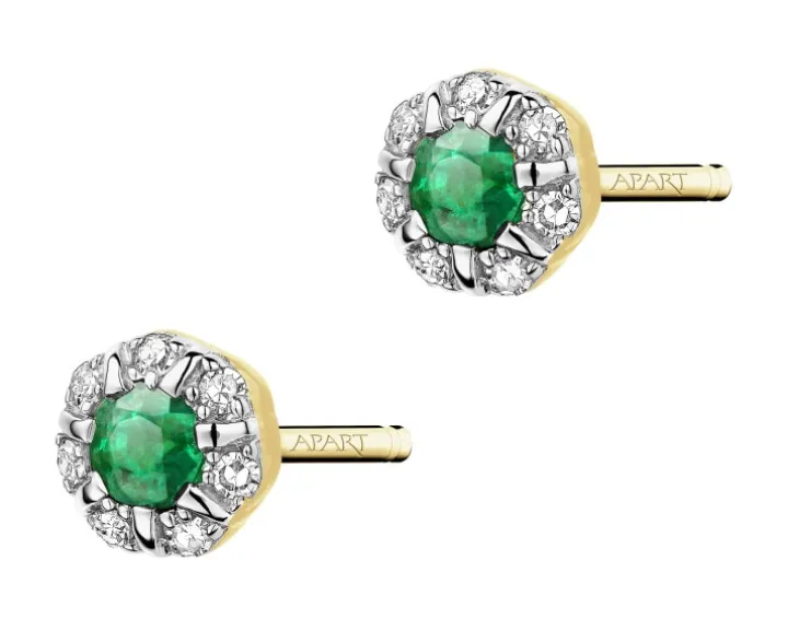 Kolczyki z żółtego złota z diamentami i szmaragdami - próba 585