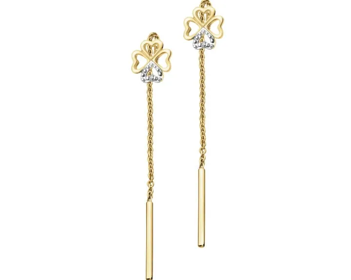 Kolczyki z żółtego złota z diamentami - koniczyny - 0,005 ct - próba 375