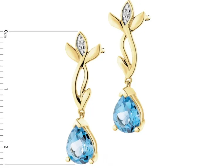 Kolczyki z żółtego złota z diamentami i topazami - liście - próba 585