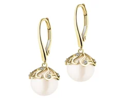 Kolczyki z żółtego złota z diamentami i perłami - próba 585