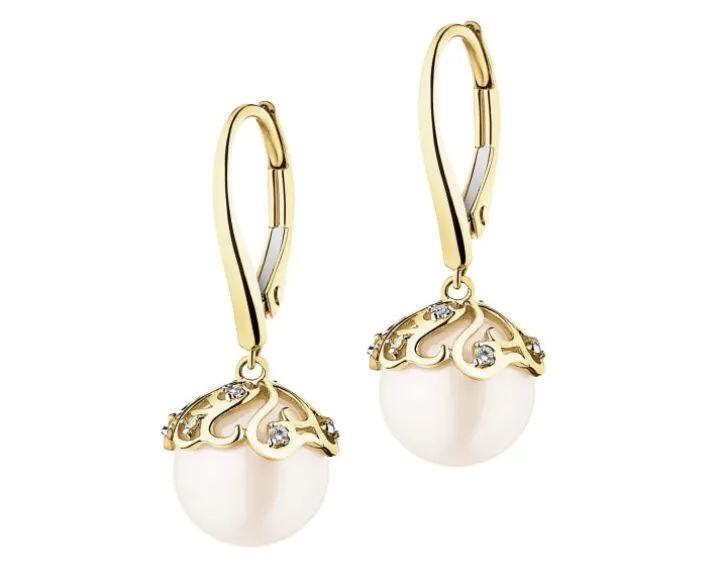 Kolczyki z żółtego złota z diamentami i perłami - próba 585