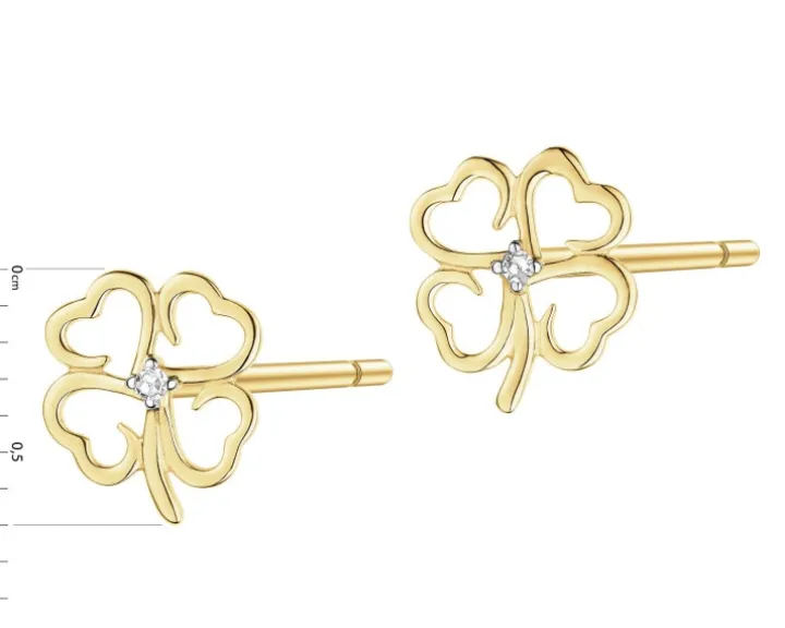 Kolczyki z żółtego złota z diamentami - koniczyny - 0,007 ct - próba 585