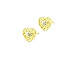 Kolczyki z żółtego złota z diamentami - serca - 0,01 ct - próba 375