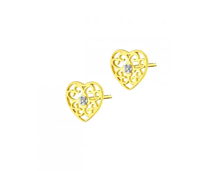 Kolczyki z żółtego złota z diamentami - serca - 0,01 ct - próba 375