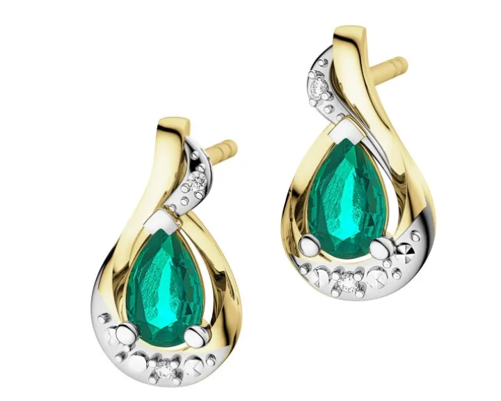 Kolczyki z żółtego złota z diamentami i szmaragdami - próba 585