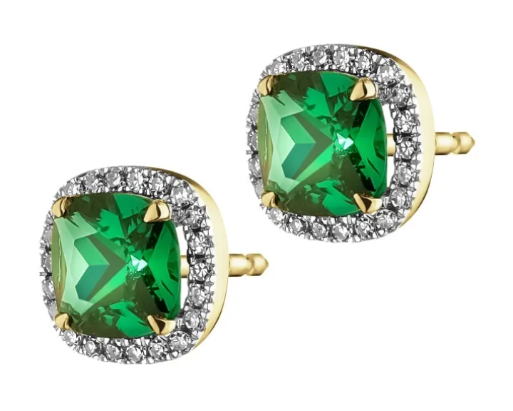 Kolczyki z żółtego złota z diamentami i szmaragdami syntetycznymi - próba 375