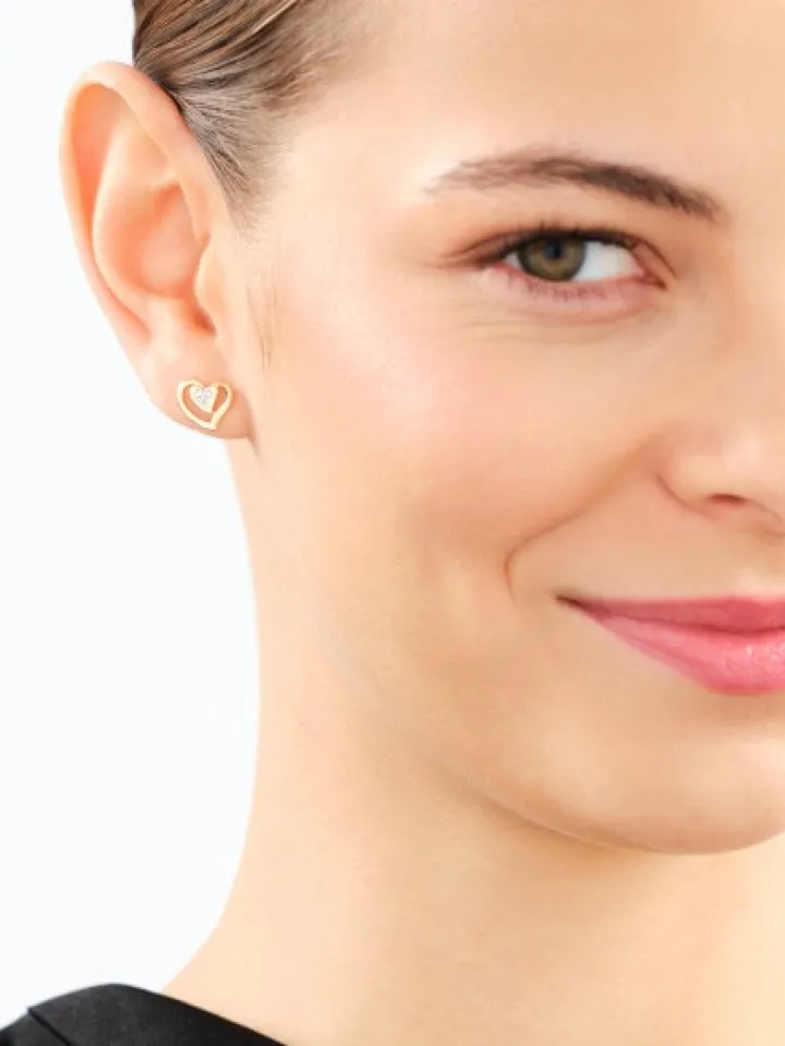 Kolczyki z żółtego złota z diamentami - serca - 0,01 ct - próba 375