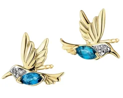 Kolczyki z żółtego złota z diamentami i topazami London Blue - kolibry - próba 375