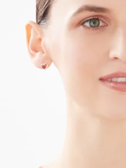Kolczyki z żółtego złota z diamentami i rubinami syntetycznymi - serca - próba 375