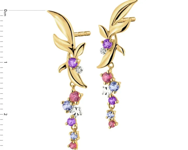 Kolczyki z żółtego złota z diamentami, kamieniami szlachetnymi i ozdobnymi - liście - próba 375