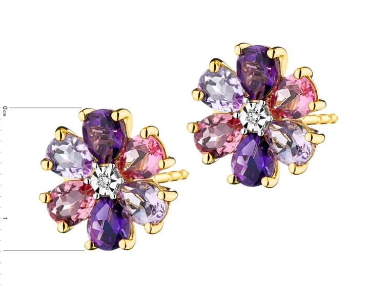 Kolczyki z żółtego złota z diamentami, ametystami i turmalinami - próba 375
