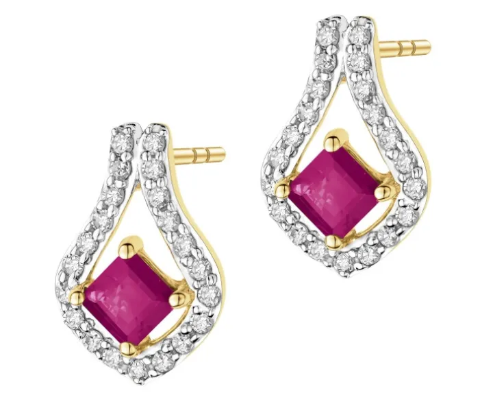 Kolczyki z żółtego złota z diamentami i rubinami - próba 585
