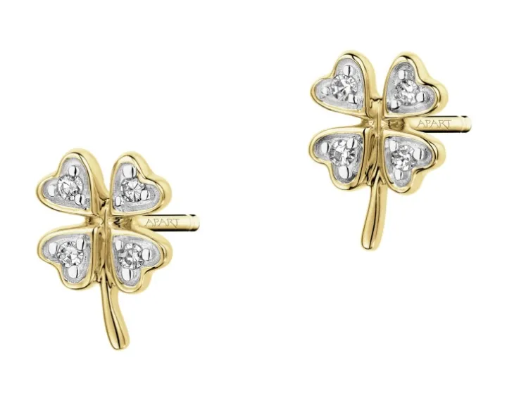 Kolczyki z żółtego złota z diamentami - koniczyny - 0,02 ct - próba 375