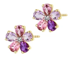 Kolczyki z żółtego złota z diamentami i kamieniami ozdobnymi - kwiaty - próba 375