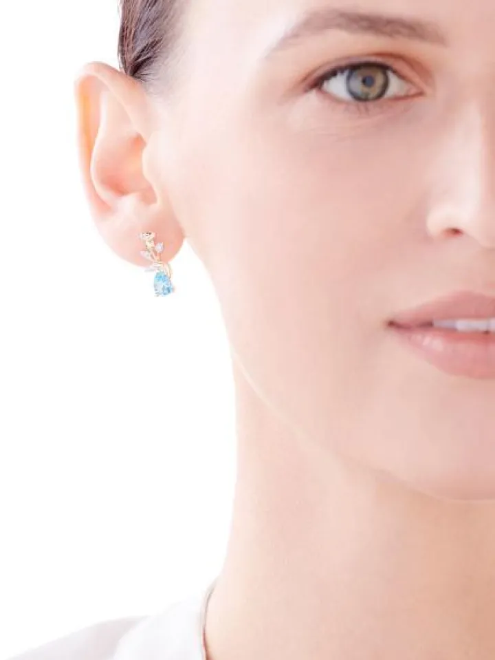 Kolczyki z żółtego złota z diamentami i topazem - róże, liście - próba 375