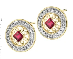 Kolczyki z żółtego złota z diamentami i rubinami - rozety - próba 585