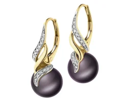 Kolczyki z żółtego złota z diamentami i perłami - próba 585
