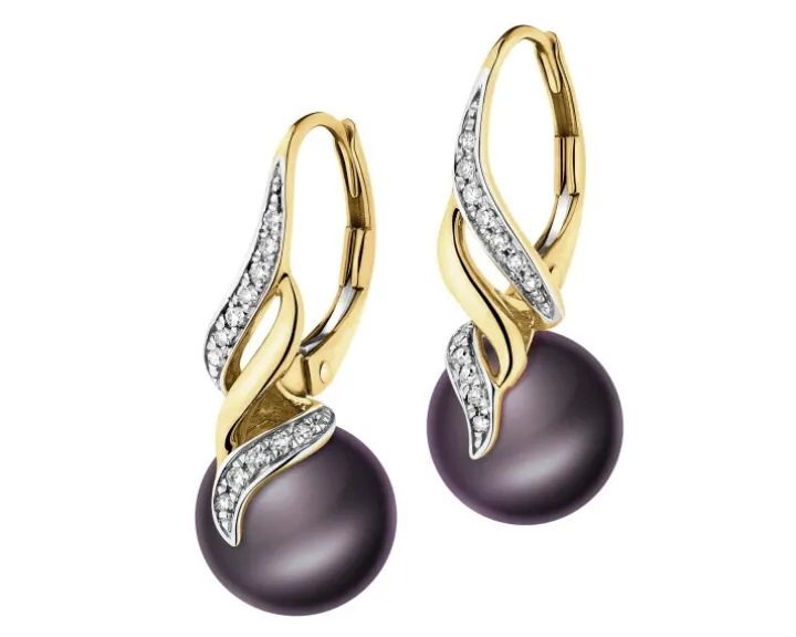 Kolczyki z żółtego złota z diamentami i perłami - próba 585