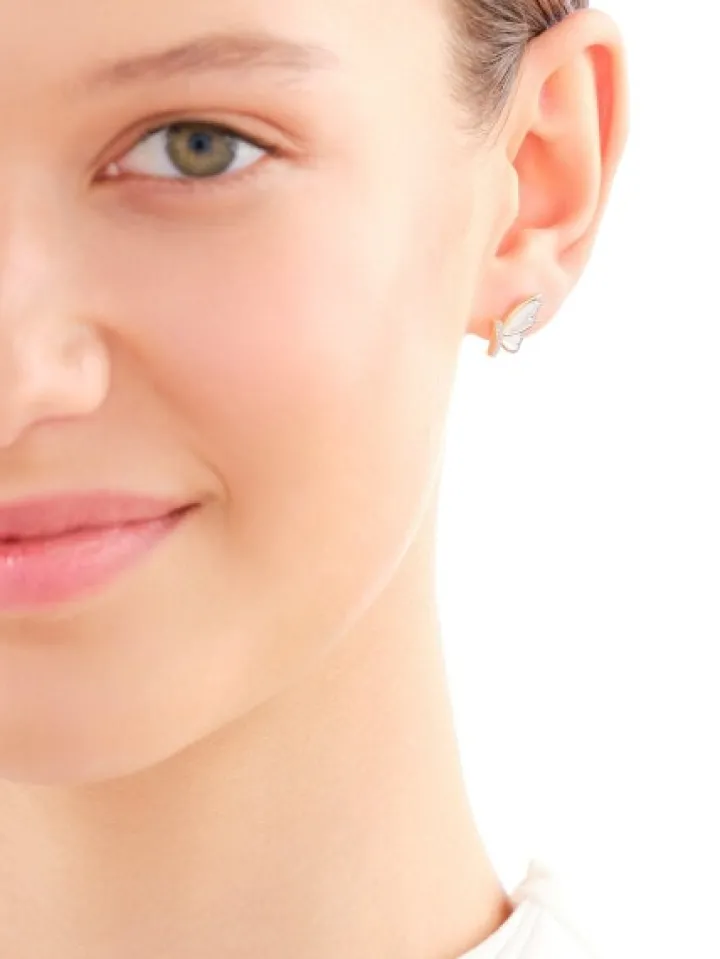 Kolczyki z żółtego złota z diamentami i masą perłową - motyle - próba 585