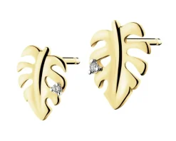 Kolczyki z żółtego złota z diamentami - monstera - 0,008 ct - próba 375