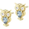 Kolczyki z żółtego złota z diamentami i topazami London Blue - sowy - próba 375