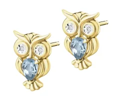 Kolczyki z żółtego złota z diamentami i topazami London Blue - sowy - próba 375