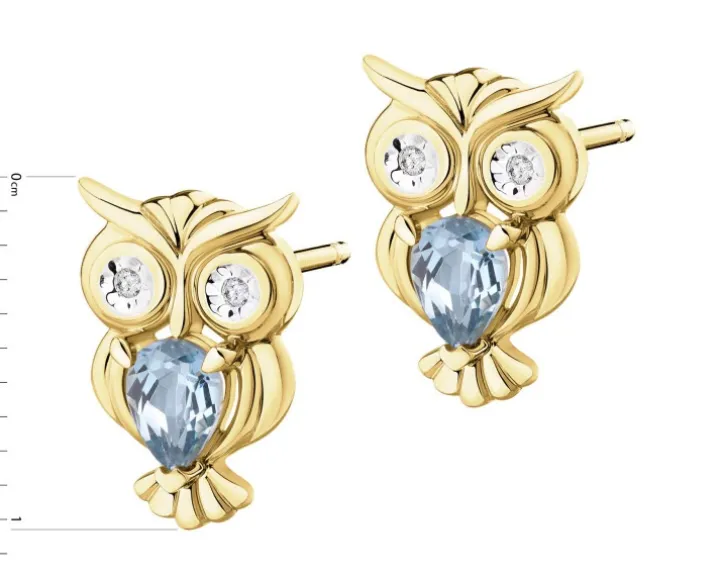 Kolczyki z żółtego złota z diamentami i topazami London Blue - sowy - próba 375