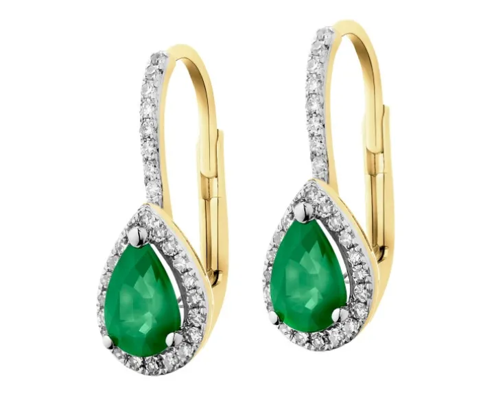 Kolczyki z żółtego złota z diamentami i szmaragdami - próba 585