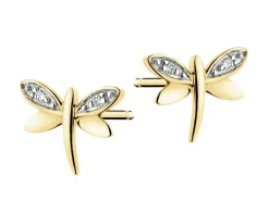 Kolczyki z żółtego złota z diamentami  - ważki - 0,02 ct - próba 375
