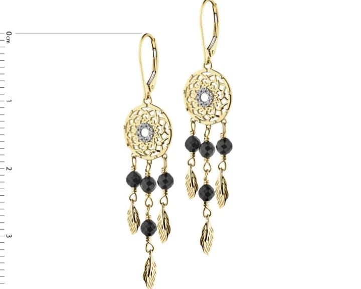 Kolczyki z żółtego złota z diamentami i agatami - łapacze snów - próba 375