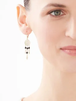 Kolczyki z żółtego złota z diamentami i agatami - łapacze snów - próba 375