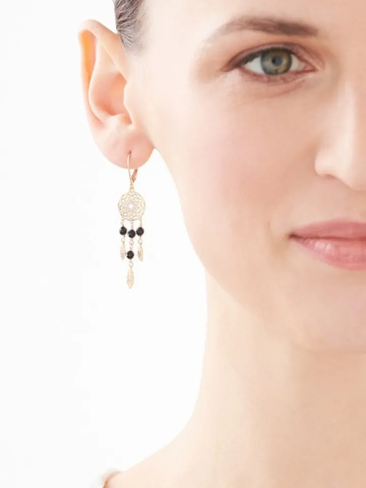 Kolczyki z żółtego złota z diamentami i agatami - łapacze snów - próba 375