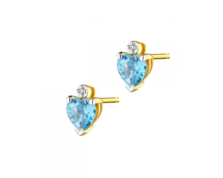 Kolczyki z żółtego złota z diamentami i topazami - serca - próba 375