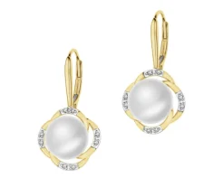 Kolczyki z żółtego złota z diamentami i perłami - próba 585
