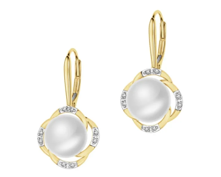 Kolczyki z żółtego złota z diamentami i perłami - próba 585