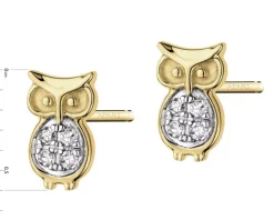 Kolczyki z żółtego złota z diamentami - sowy - 0,03 ct - próba 375