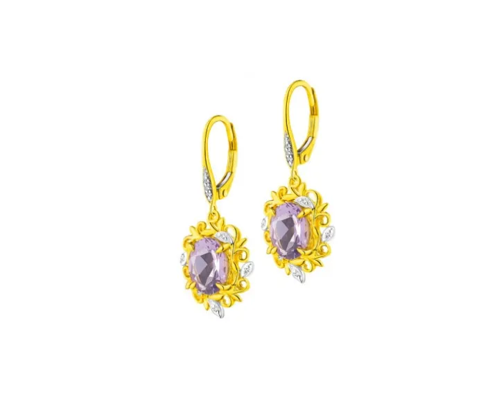Kolczyki z żółtego złota z diamentami i ametystami - liście - próba 585