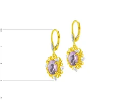 Kolczyki z żółtego złota z diamentami i ametystami - liście - próba 585