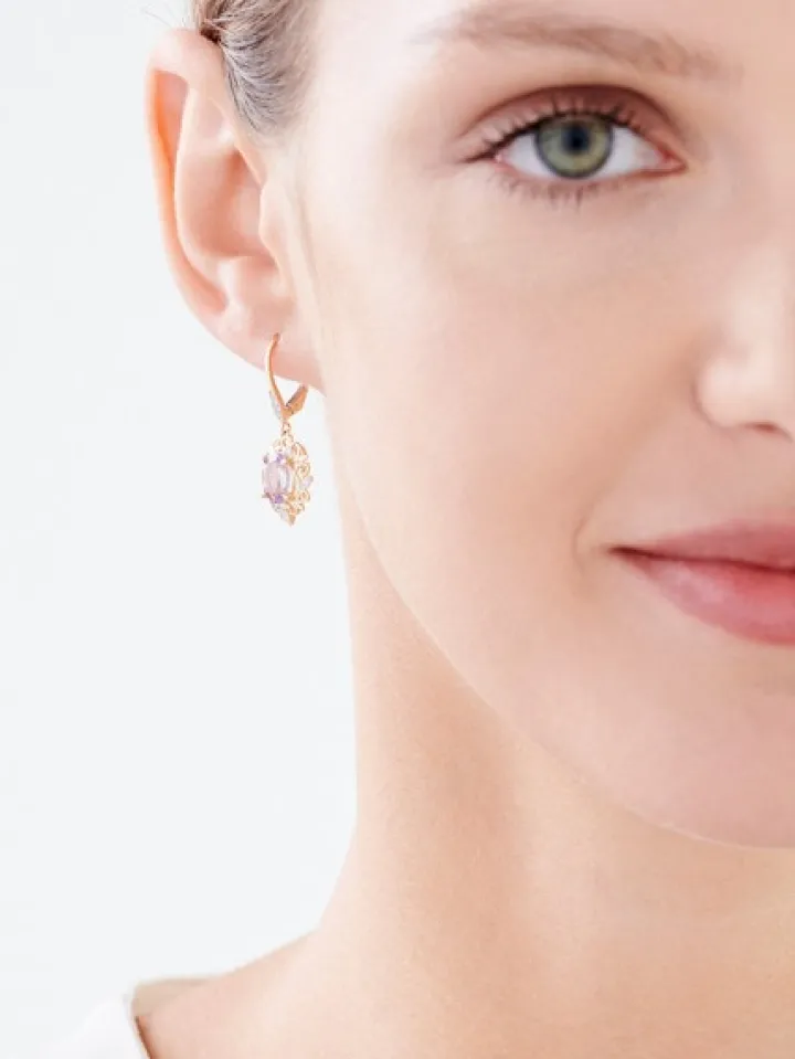 Kolczyki z żółtego złota z diamentami i ametystami - liście - próba 585