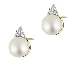 Kolczyki z żółtego złota z diamentami i perłami - próba 585