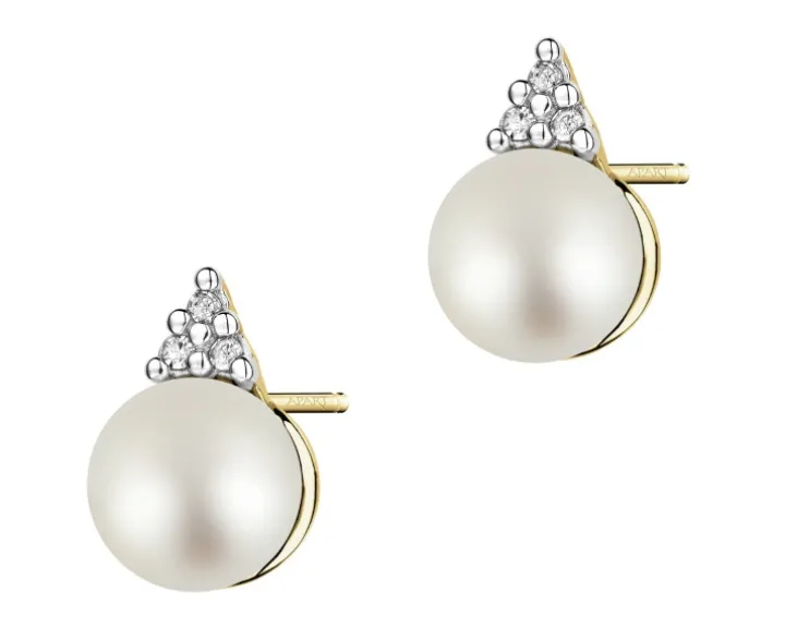 Kolczyki z żółtego złota z diamentami i perłami - próba 585