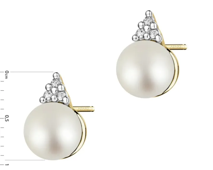 Kolczyki z żółtego złota z diamentami i perłami - próba 585