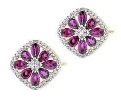 Kolczyki z żółtego złota z diamentami i rodolitami - próba 585