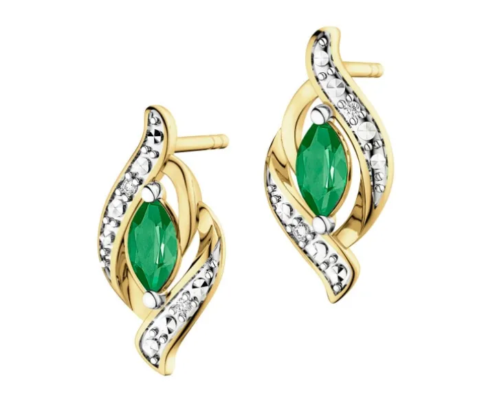 Kolczyki z żółtego złota z diamentami i szmaragdami - próba 585