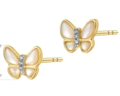 Kolczyki z żółtego złota z diamentami i masą perłową - motyle - próba 585
