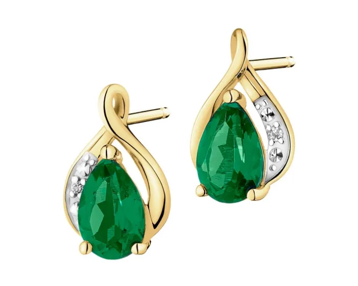Kolczyki z żółtego złota z diamentami i szmaragdami syntetycznymi - próba 375